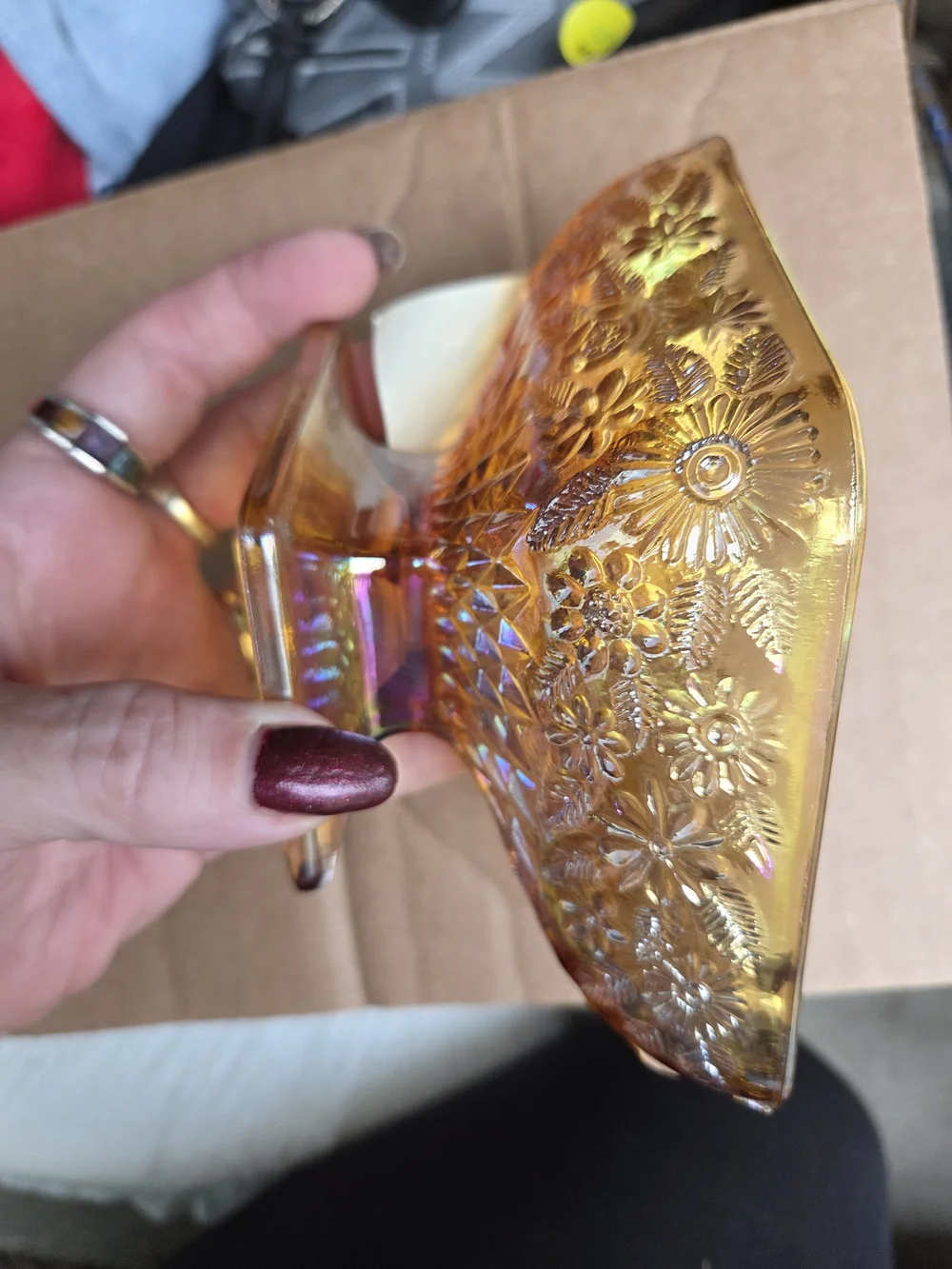 Indiana Glass Amber Pineapple & Floral Compote Bowl 1960s